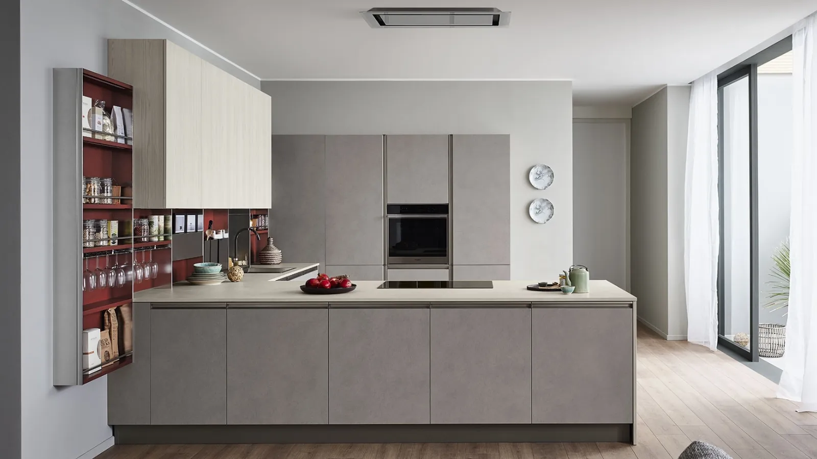 Cucina Moderna Start Time Presa 07 con penisola in finitura Graffiato scuro e Play Rovere chiaro di Veneta Cucine